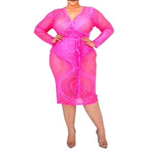 Hot Pink Faux Wrap Midi Dress XL